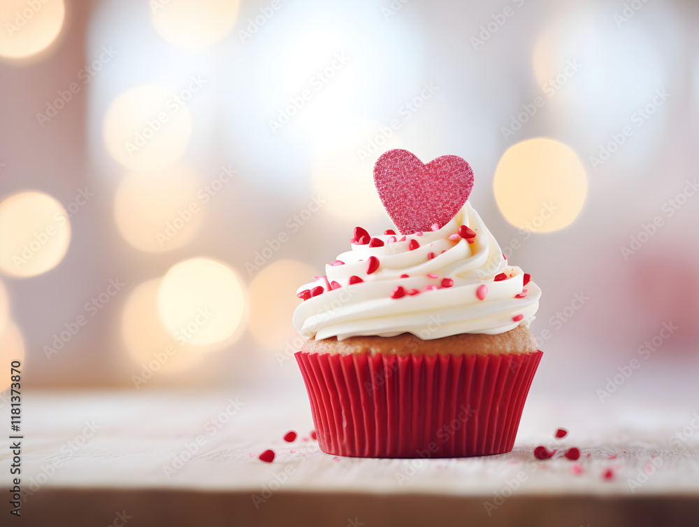 Delicious sweet cupcake with white frosting and red heart decoration on top, white table and blurred background Delicious sweet cupcake with white frosting and red heart decoration on top, white table and blurred background