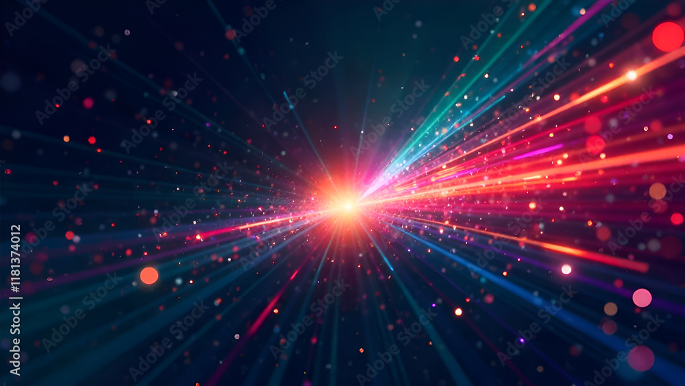 Abstract background. A galaxy decorated with numerous bright lights coming from its core and diverging in different directions.