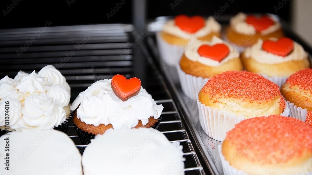 Delicious Valentine s Day Cupcakes with Red Heart Decorations Frosting and Sprinkles Delicious Valentine s Day Cupcakes with Red Heart Decorations Frosting and Sprinkles