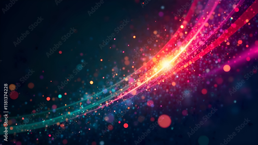 Abstract background. A galaxy decorated with numerous bright lights coming from its core and diverging in different directions.