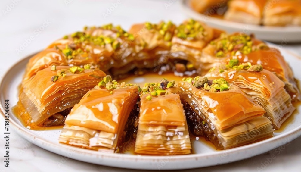 A circular platter of baklava topped with pistachios and syrup. A circular platter of baklava topped with pistachios and syrup.
