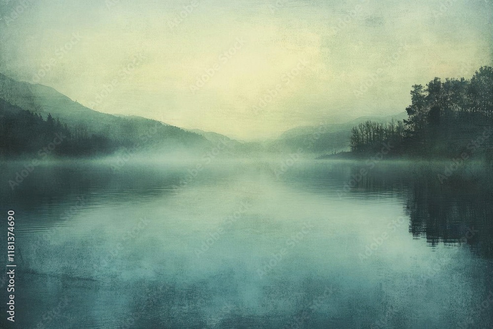 Serene lake landscape shrouded in mist and soft, muted colors. Serene lake landscape shrouded in mist and soft, muted colors.