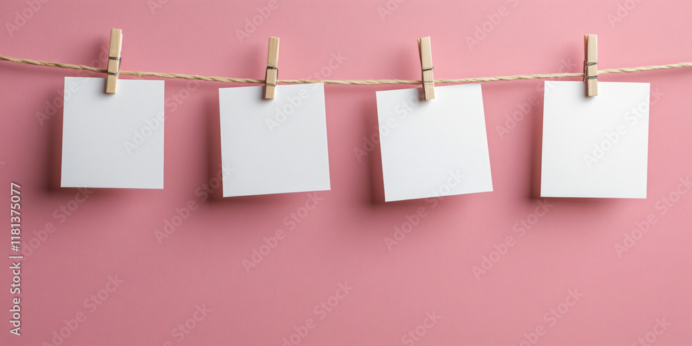 Notes or cards mock-up on a rope on a background of a pink wall. Concept banner template for text, notes, photo, declarations of love or holiday garlands, Valentine's style with copyspace Notes or cards mock-up on a rope on a background of a pink wall. Concept banner template for text, notes, photo, declarations of love or holiday garlands, Valentine's style with copyspace