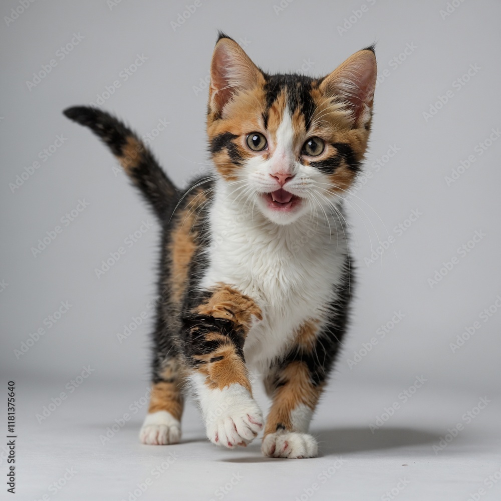 A playful calico kitten with a joyful expression, running energetically across a white background. A playful calico kitten with a joyful expression, running energetically across a white background.