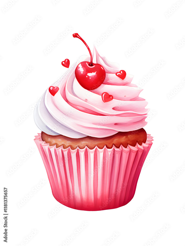 Watercolor illustration of a cupcake with pink frosting on white background Watercolor illustration of a cupcake with pink frosting on white background