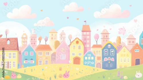 Pastel Townhouses Easter Bunnies Springtime Scene