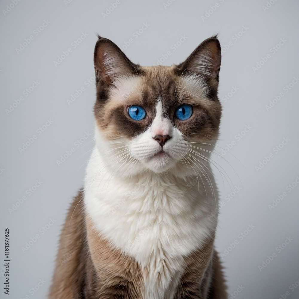 A rare Snowshoe cat, with distinct white paws and blue eyes, gracefully standing in front of a white background A rare Snowshoe cat, with distinct white paws and blue eyes, gracefully standing in front of a white background
