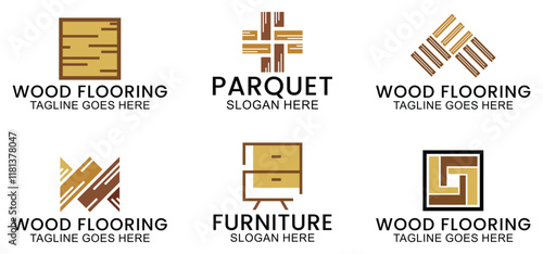 set of wooden floor logo design, house floor logo, ceramic pattern logo, wooden parquet floor logo. Wooden house and wooden furniture vector template.