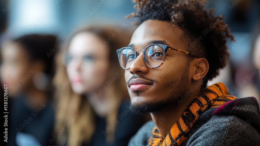 Obraz premium Engaged young man listening intently during a group discussion