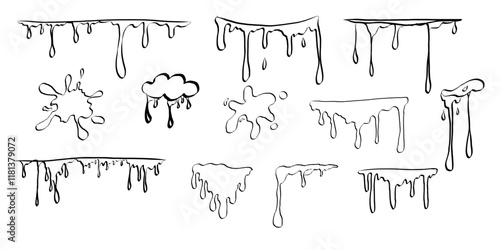 Paint drip splatter, liquid stain fluid ink droplet. Graffiti splash black melt. Paint flows, melt spray border. 