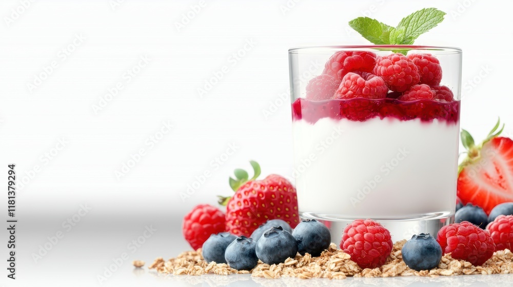 A glass filled with layers of creamy yogurt, granola, and vibrant mixed berries raspberries, blueberries, and strawberries creating a visually appealing and healthy parfait. A glass filled with layers of creamy yogurt, granola, and vibrant mixed berries raspberries, blueberries, and strawberries creating a visually appealing and healthy parfait.