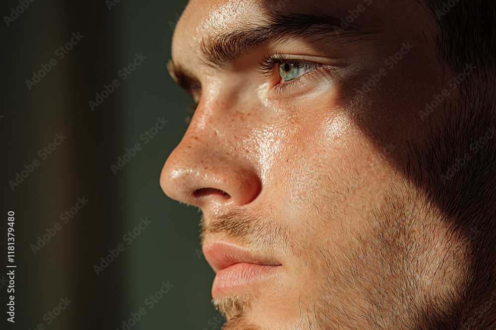 Obraz premium A close-up of a person’s face showing a deep sadness, with soft, dim lighting that highlights their teary eyes and emotional pain, creating a vulnerable and sorrowful mood.