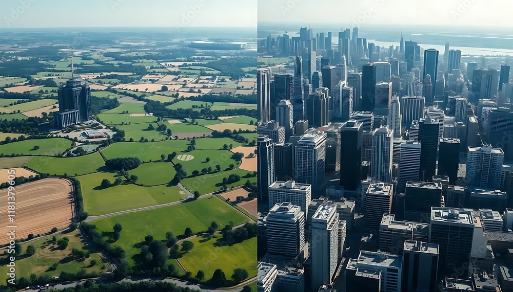 Obraz premium Serene Countryside juxtaposed with a Modern Metropolis: An Aerial Contrast