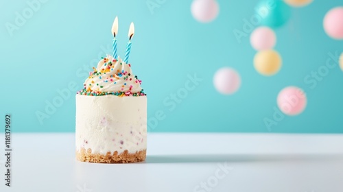 A frozen yogurt cake decorated with festive sprinkles and candles, celebrating a special occasion with a lighter and tangier alternative to traditional cake.