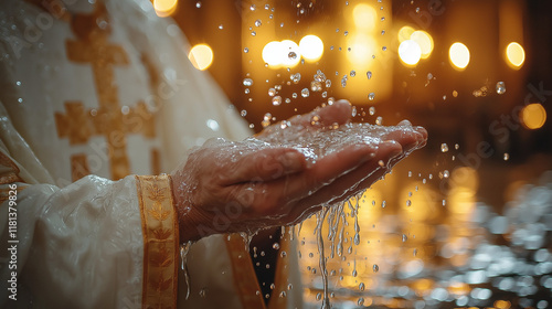 A close-up of a priest preparing to bless with holy water, with droplets catching the light in a calm church setting. photo