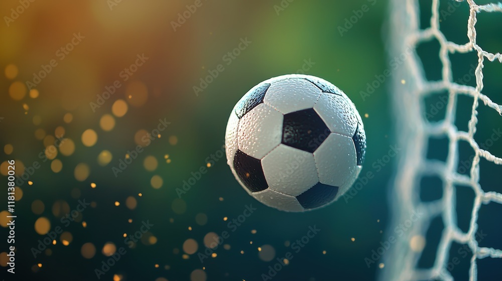 Obraz premium A soccer ball flying through the air, about to hit the back of the net, captured at the peak moment of action and anticipation during a game.