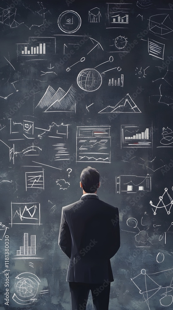A man in a black suit is standing and thinking about his business plan, surrounded by various charts, graphs, and icons representing marketing concepts A man in a black suit is standing and thinking about his business plan, surrounded by various charts, graphs, and icons representing marketing concepts