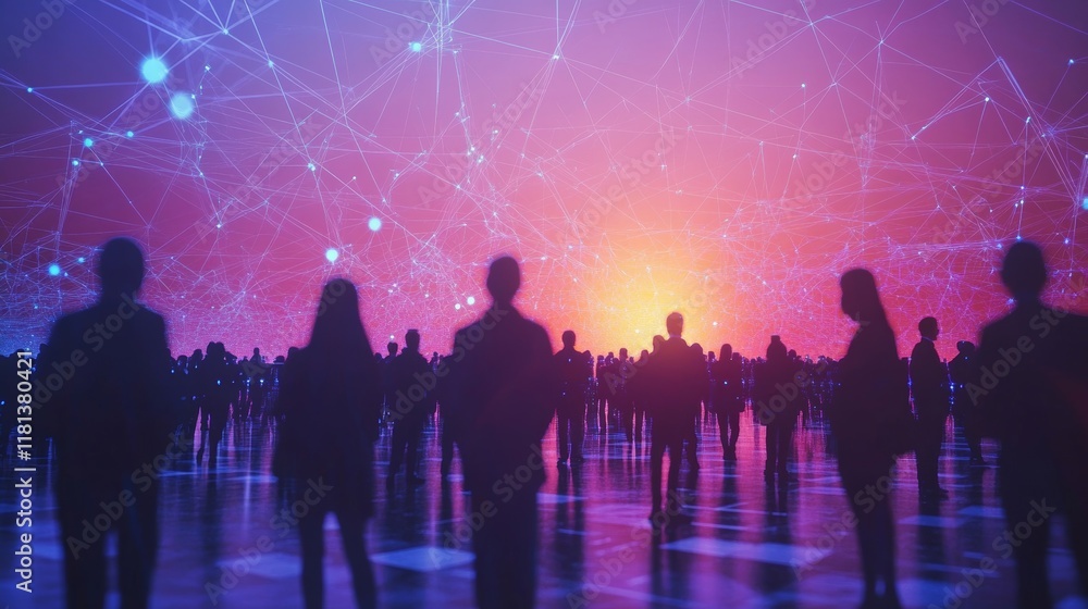 Group, people and crowd connected to wifi internet, big data and smart city. Silhouette, businesspeople and public network lines for communication, futuristic connection and marketing, Generative AI Group, people and crowd connected to wifi internet, big data and smart city. Silhouette, businesspeople and public network lines for communication, futuristic connection and marketing, Generative AI