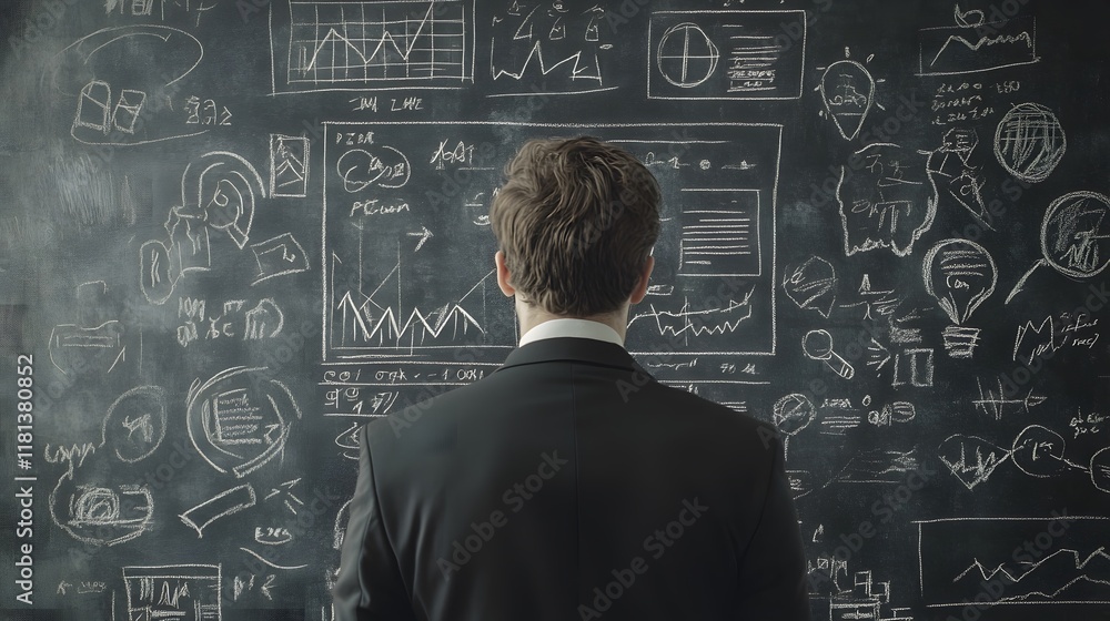 A man in a black suit is standing and thinking about his business plan, surrounded by various charts, graphs, and icons representing marketing concepts A man in a black suit is standing and thinking about his business plan, surrounded by various charts, graphs, and icons representing marketing concepts