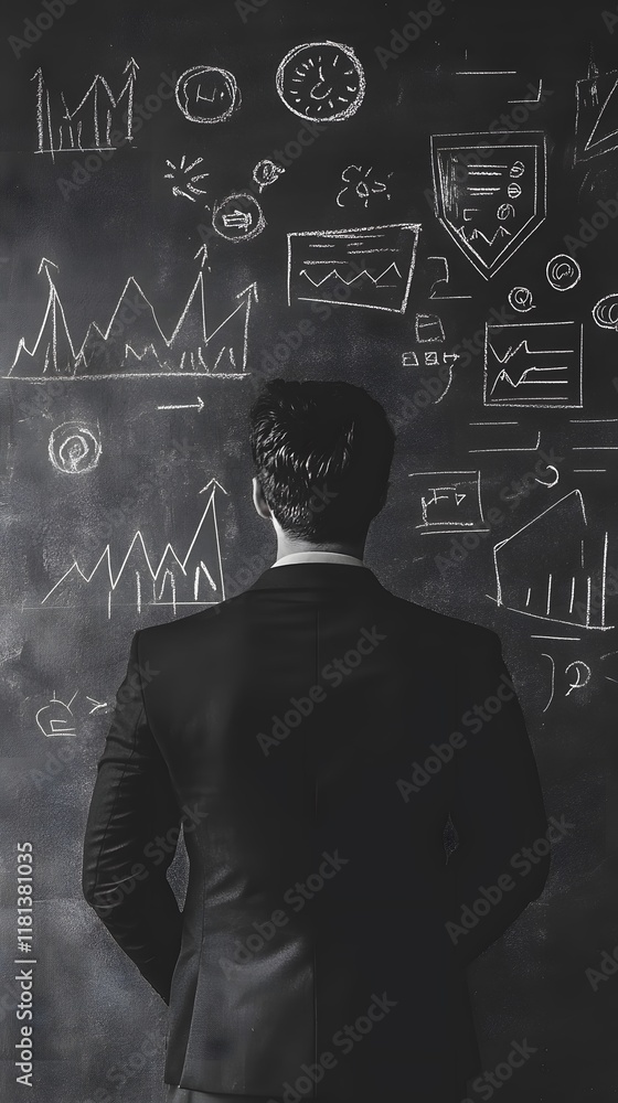 A man in a black suit is standing and thinking about his business plan, surrounded by various charts, graphs, and icons representing marketing concepts A man in a black suit is standing and thinking about his business plan, surrounded by various charts, graphs, and icons representing marketing concepts