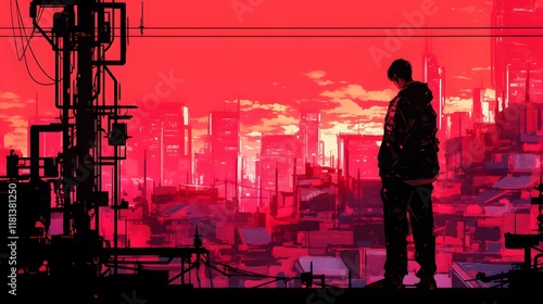 Silhouette of a man in a Japanese city, captured in a cyberpunk anime style