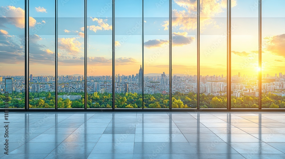 Fototapeta premium Sunset cityscape viewed through large windows in modern building.
