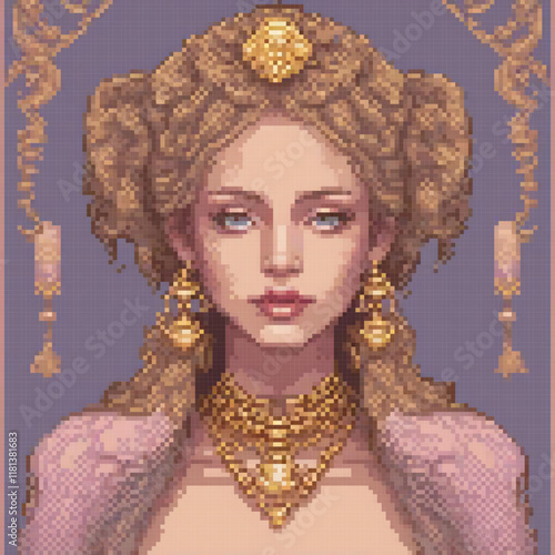Cross stitch pattern featuring a regal woman adorned with a crown, perfect for crafting enthusiasts.
