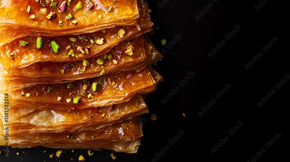 Layers of crispy golden filo pastry, placed on a black background Layers of crispy golden filo pastry, placed on a black background