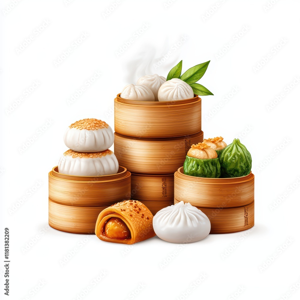 Assorted Dim Sum in Bamboo Steamer Baskets on White Background Assorted Dim Sum in Bamboo Steamer Baskets on White Background