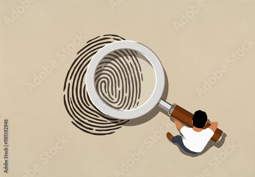 View from above man holding large magnifying glass over fingerprint on beige background
