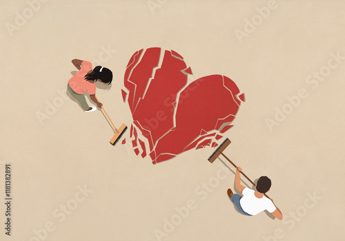 Couple with brooms sweeping up broken heart on beige background
