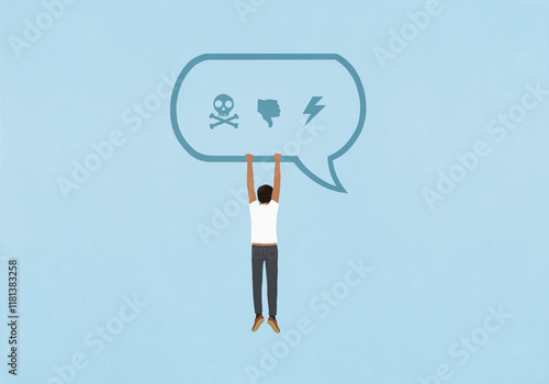 Man hanging from text message speech bubble with negative icons
