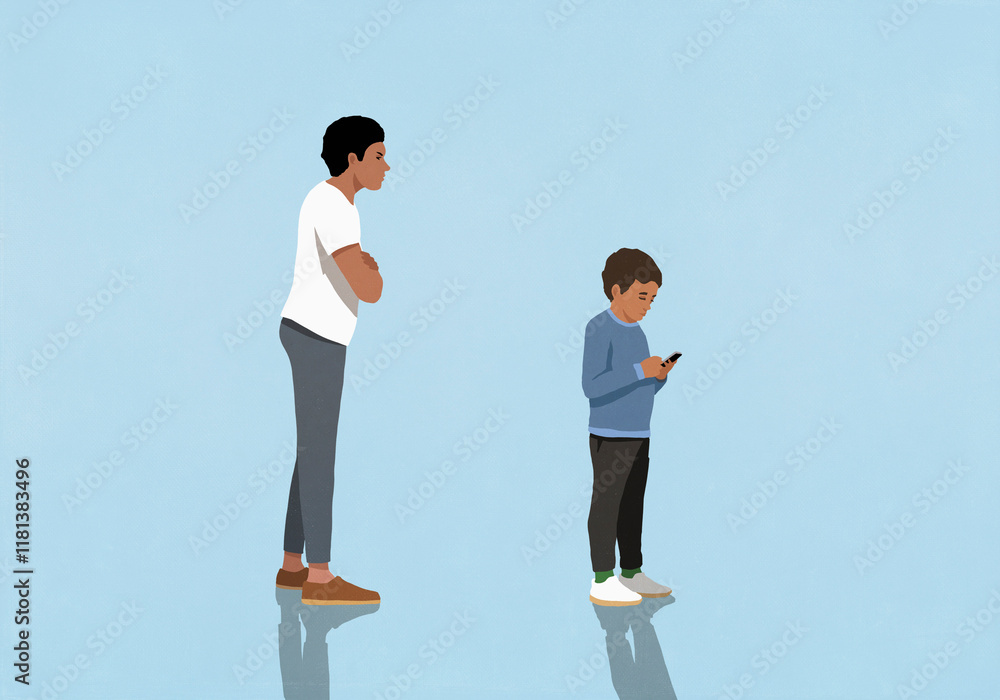 Frustrated father watching son using smart phone on blue background
Frustrated father watching son using smart phone on blue background