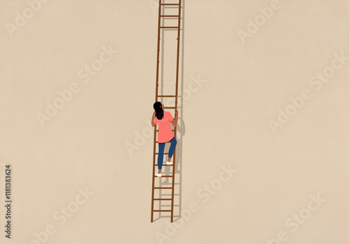 Woman climbing up ladder, looking up at missing rungs
 photo