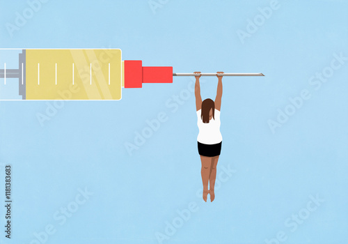 Woman hanging from large syringe on blue background
