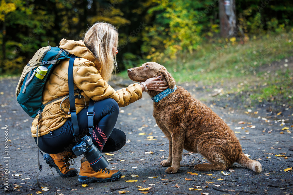 Ταπετσαρία Woman stroking her chesapeake bay retriever during hike outdoors