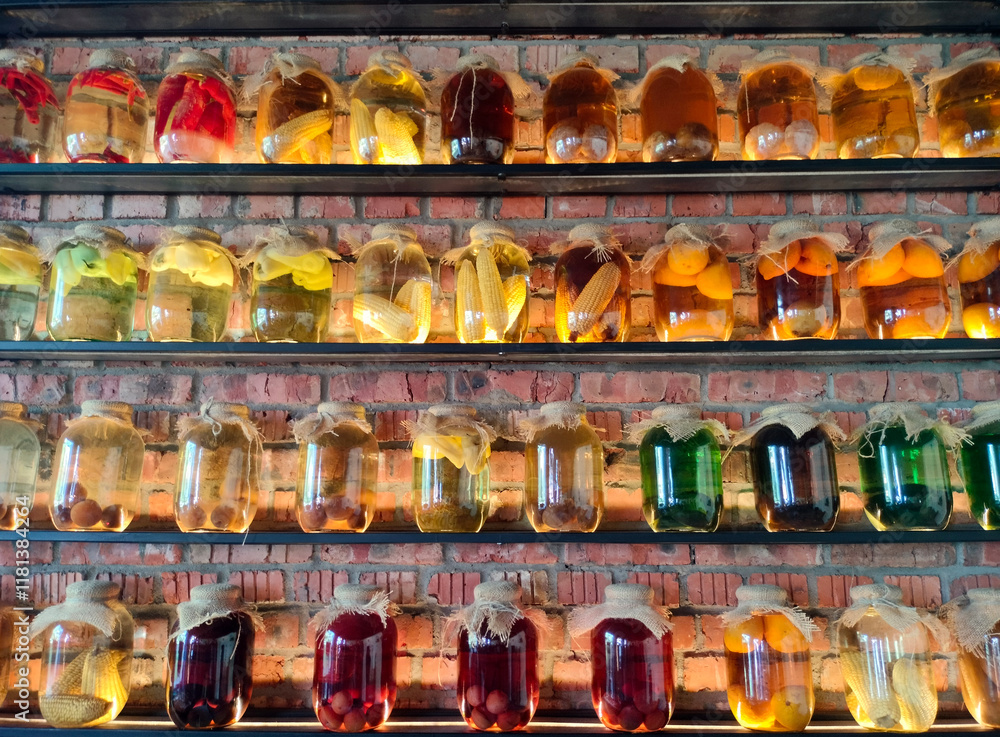 Canned vegetables and fruits in large glass jars on display. Homemade pickles and marinades.