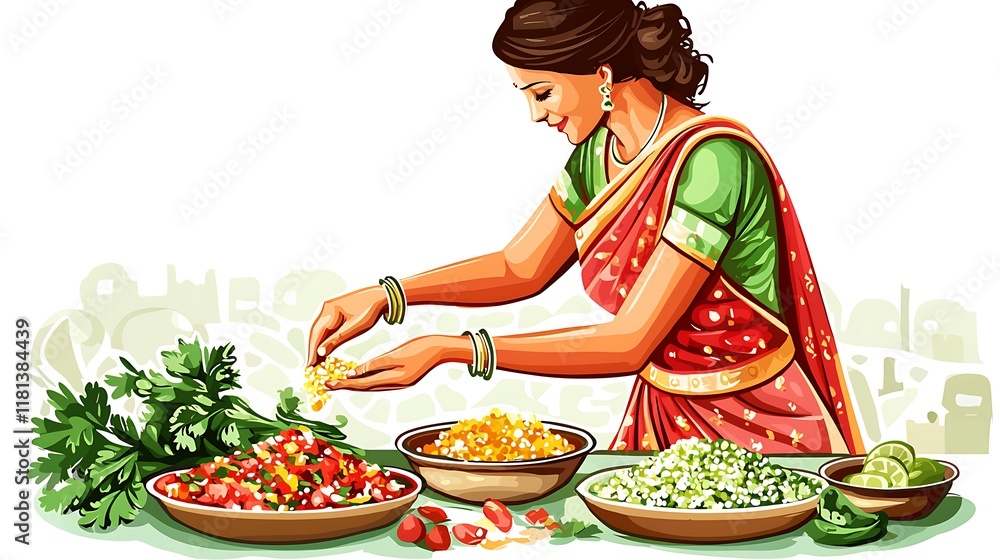 Indian Woman in Traditional Saree Preparing Colorful and Vibrant Dishes. Indian Woman in Traditional Saree Preparing Colorful and Vibrant Dishes.