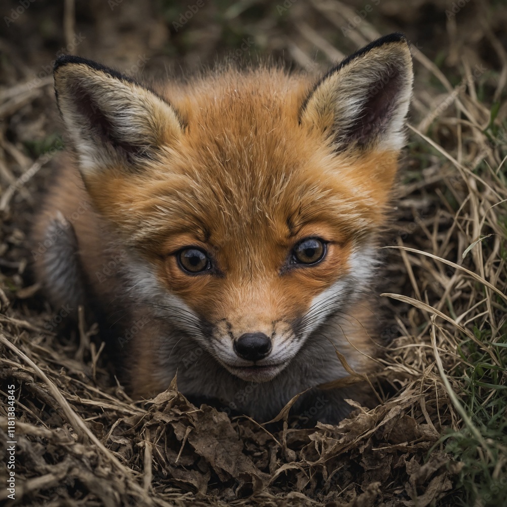 Fototapeta premium A newborn fox cub just opening its eyes.