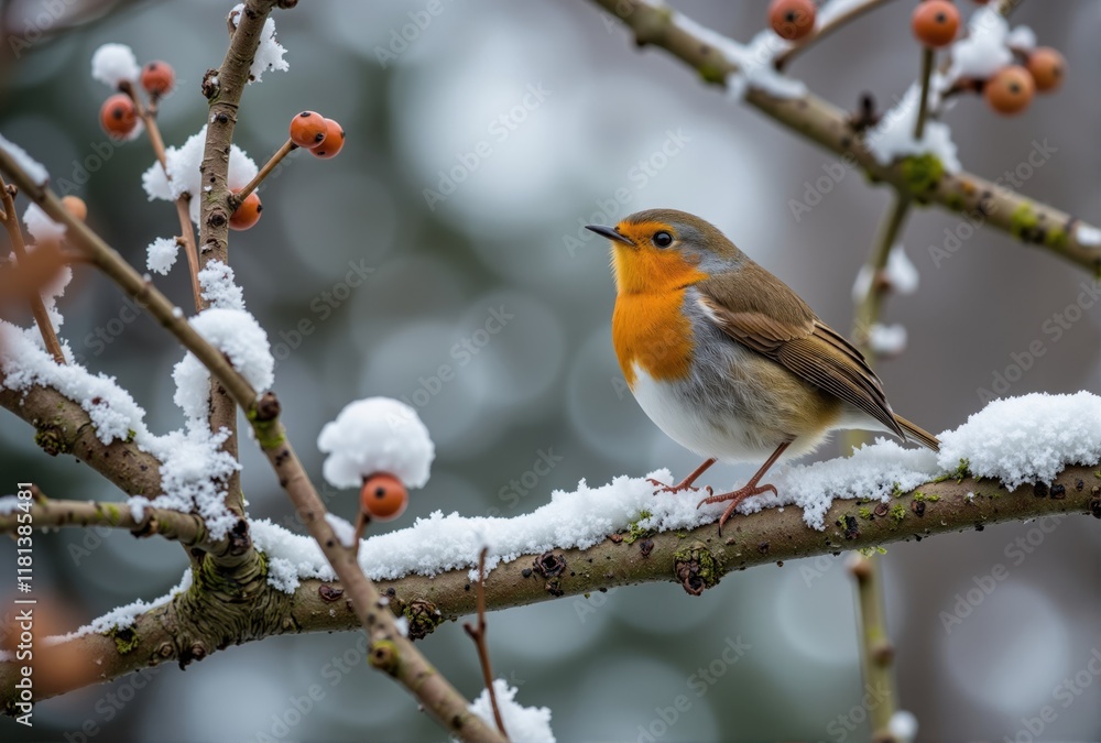 European Robin on Snow-Covered Branch with Berries European Robin on Snow-Covered Branch with Berries