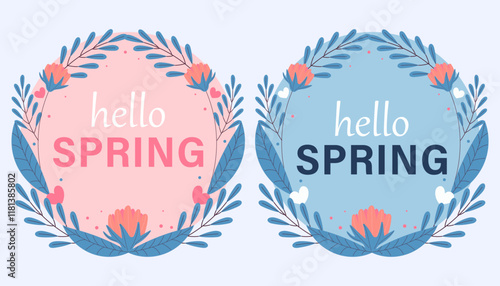 Hello spring greeting card invitation. Floral springtime hand drawn illustration.