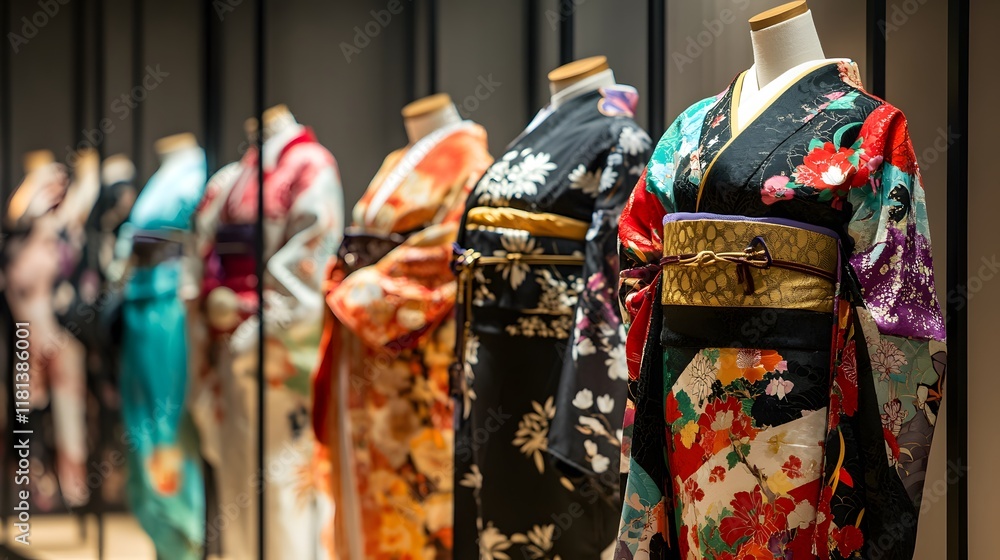 Naklejka premium An Artful Composition of Kimonos Draped Elegantly on Mannequins in a Fashion Exhibition