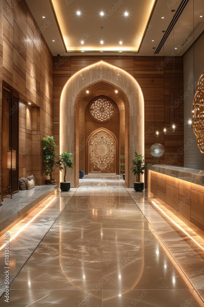 Elegant interior hallway with warm lighting and decorative arches. Elegant interior hallway with warm lighting and decorative arches.