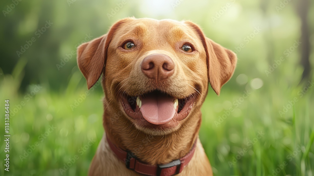 Happy Golden Dog Smiling in Sunlit Green Grass Outdoors Happy Golden Dog Smiling in Sunlit Green Grass Outdoors