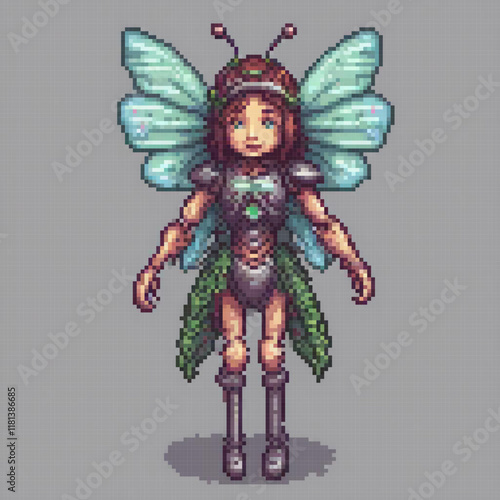 Enchanting pixel art of a fairy with vibrant blue wings.