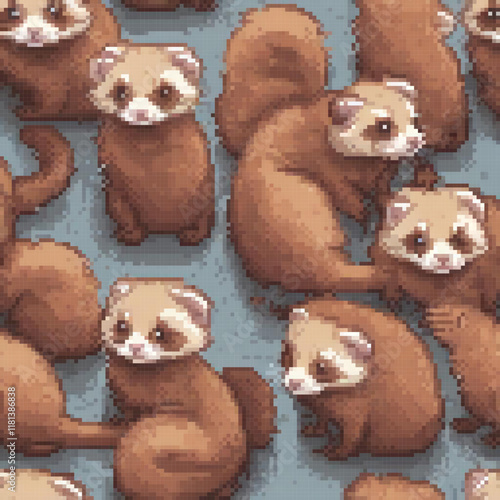 Cute pixel art of ferrets chilling on a serene blue background.