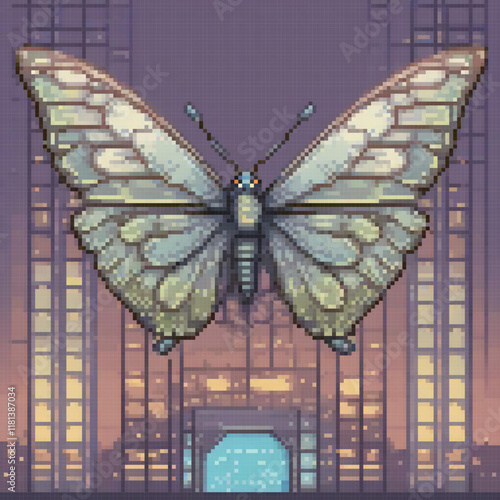 Pixel art cross stitch butterfly over city