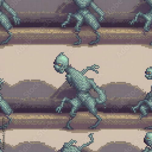 Pixel art aliens stroll across a desert landscape.