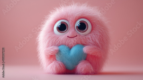 A cute pink wool monster with big eyes, a blue heart-shaped belly. Copy space, place for text, funny horizontal postcard or poster for Valentines Day