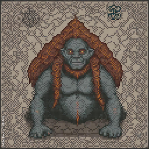 Pixel art of a gorilla with dreadlocks in a cross stitch pattern.